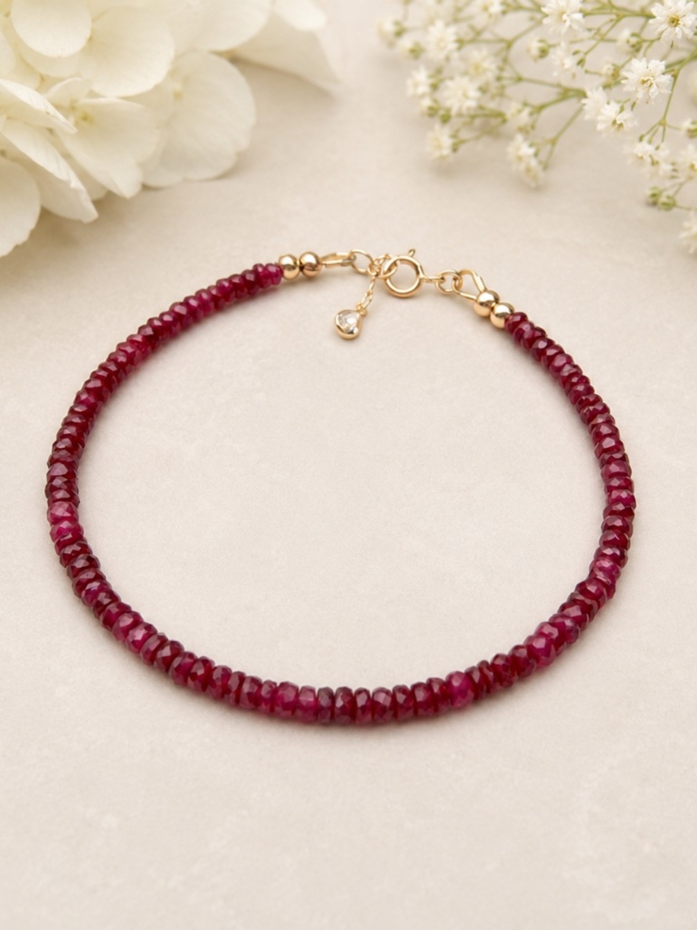 Handmade Natural Ruby Bracelet – 17ct – Solid 14K Yellow Gold – July Birthstone